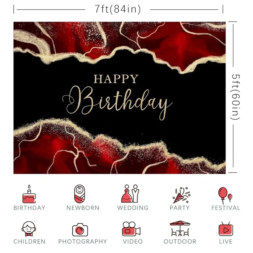 Elegant Red & Black 'Happy Birthday' Backdrop with Gold Accents